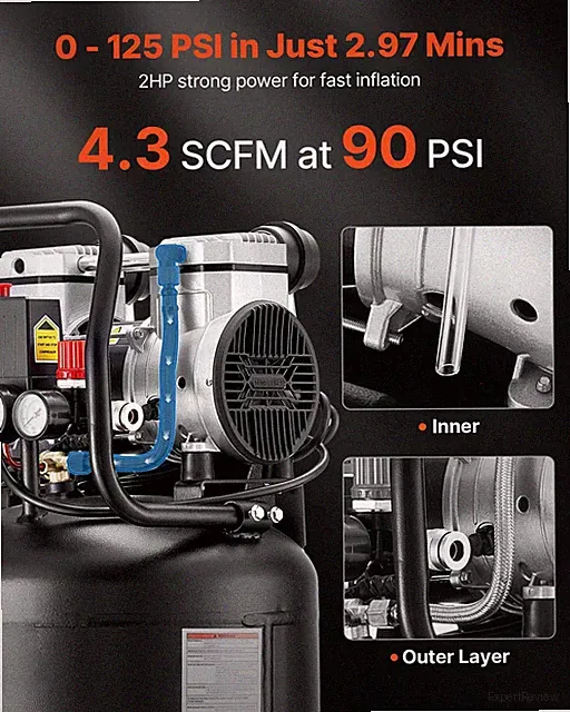 14-Gallon Air Compressor, 2HP 4.3 SCFM at 90PSI, Max 125PSI Pressure Oil-Free A