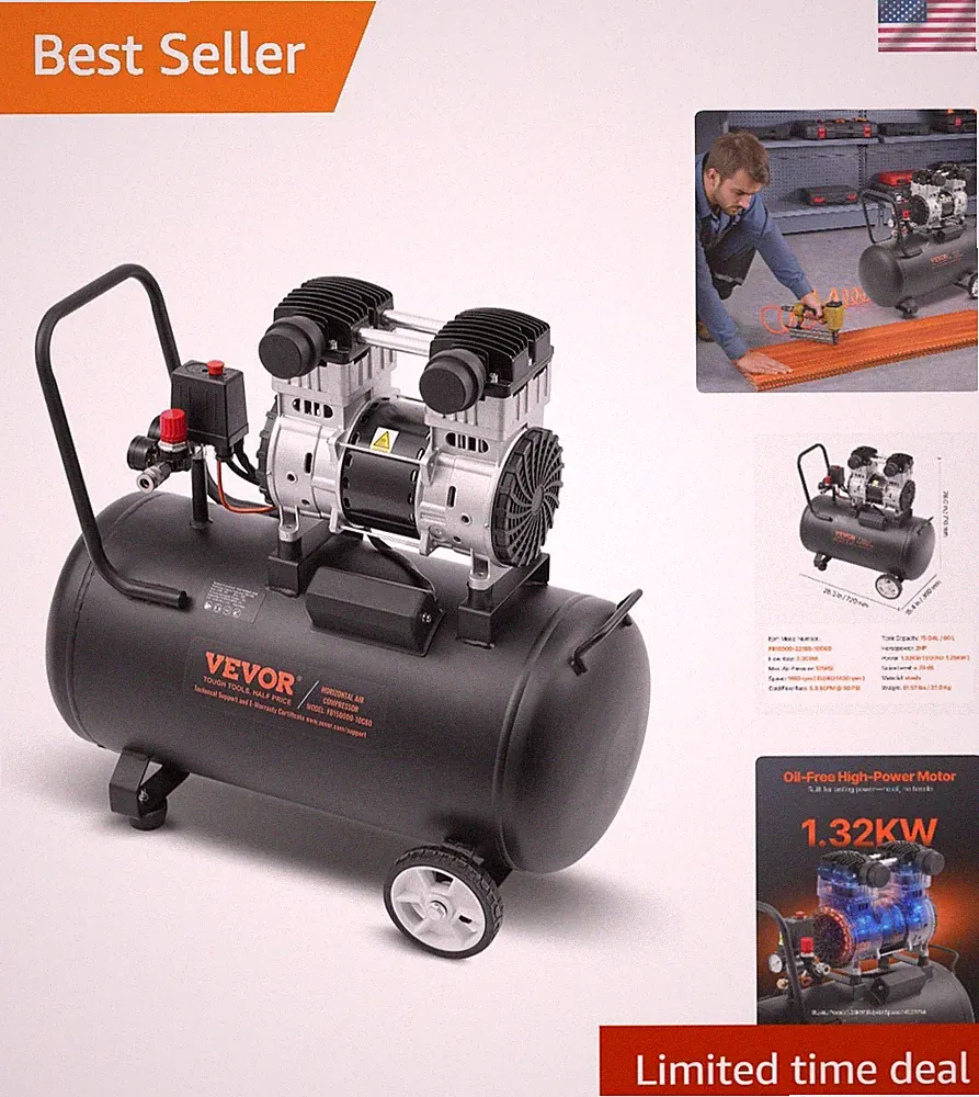 Efficient 15 Gallon Oil-Free Air Compressor, Ultra Quiet & Versatile for Repairs